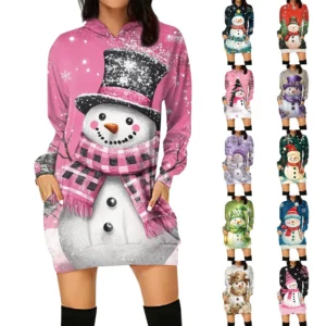 Ladies' Loose Casual Pocket Long Sleeved Hoodie Christmas Printed Sweatshirt