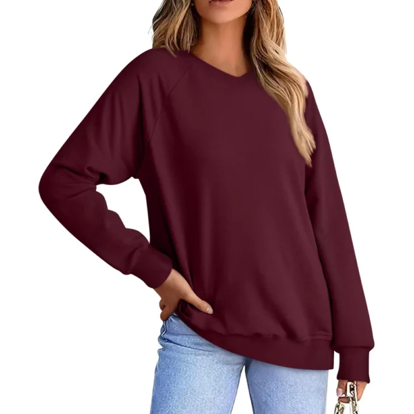 Women's Fashion Sweatshirt V-neck Long Sleeve Solid Color Casual Loose Pullover - Image 2
