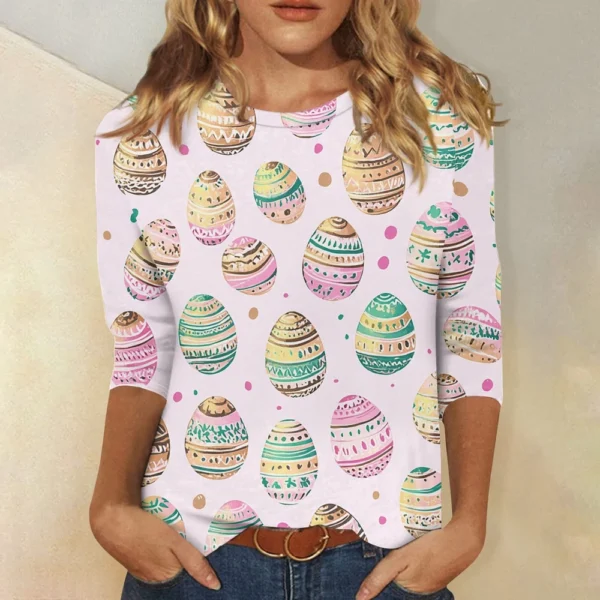 Women's Casual Fashion Easter Tops Plus Size Printed Basic 3/4 Sleeve Pullover - Image 19