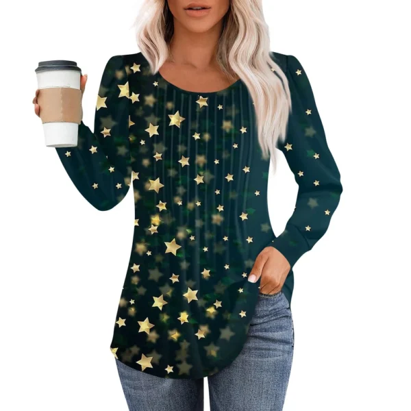 Women's Casual Christmas T-Shirt Round Neck Printed Pleated Long Sleeved Top - Image 17