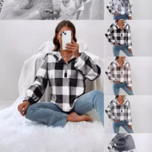 Button Hooded Plush Loose Casual Sweater Women's Clothing