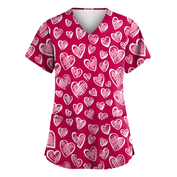 Women's Valentine's Day Printed  Uniform Work Uniform V-Neck Pocket Protective - Image 44