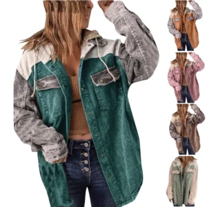 Women's Contrasting Splicing Double Pocket Hooded Jacket