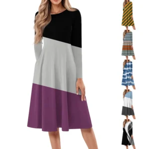 Women's Casual Fashion Round Neck Long Sleeve Print Midi Dress