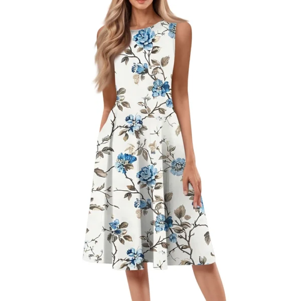 Women's Casual Fashion Floral Print Round Neck Sleeveless Solid Color Midi Dress - Image 29
