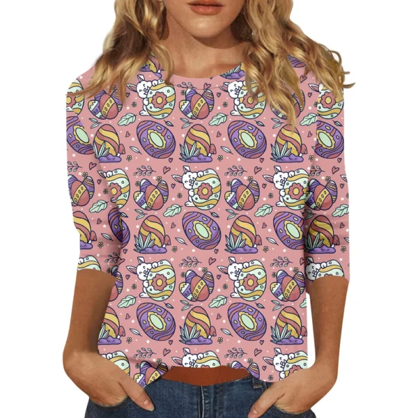 Women's Tops 3/4 Sleeve Casual Fashion Plus Size Basic Easter Printed Pullover - Image 17