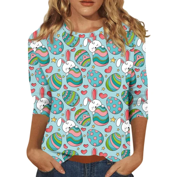 Women's Tops 3/4 Sleeve Casual Fashion Plus Size Basic Easter Printed Pullover - Image 23