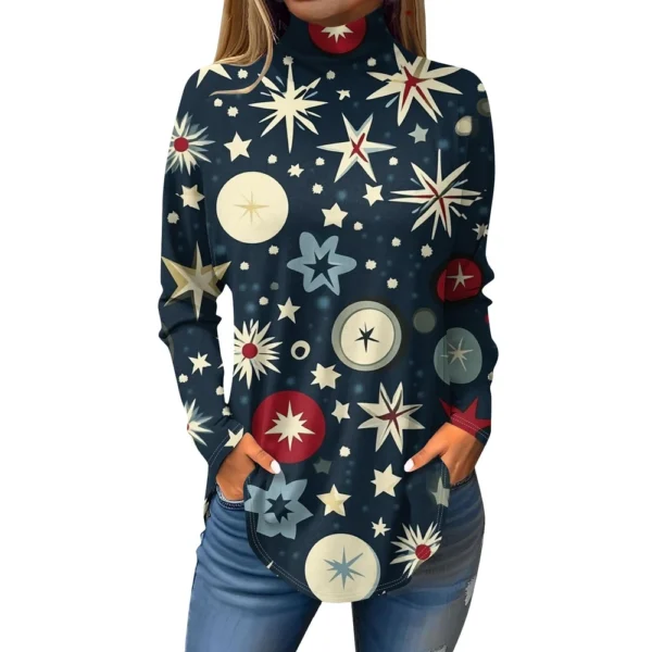 Women's Casual Pullover High Neck Christmas Long Sleeve Printed Fashion T-Shirt - Image 23