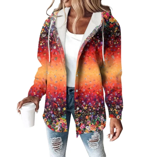 Hoodies For Women Winter Warm Sweatshirt Button Drawstring Hooded Print Jacket - Image 2