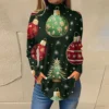 Women's Printed Christmas High Neck Pullover Long Sleeve Casual Fashion T-Shirt - Image 19