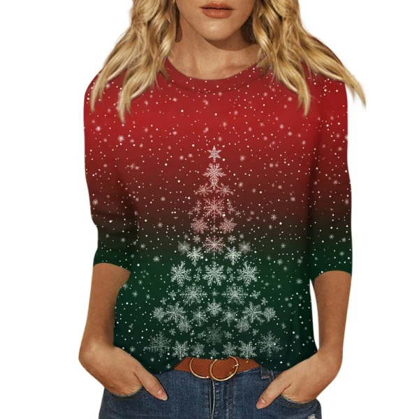 Ladies Loose Casual Round Neck T-Shirt Printed 3/4 Sleeve Christmas Women's Top - Image 11