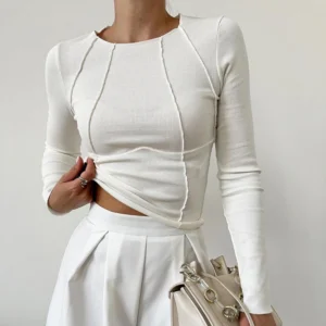 Solid Color Slim Long Sleeve Crew Neck T-Shirt Women