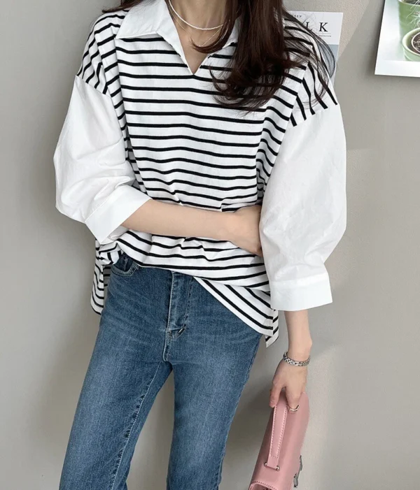 Women's Loose Striped Shirt Collar Women's Top - Image 6