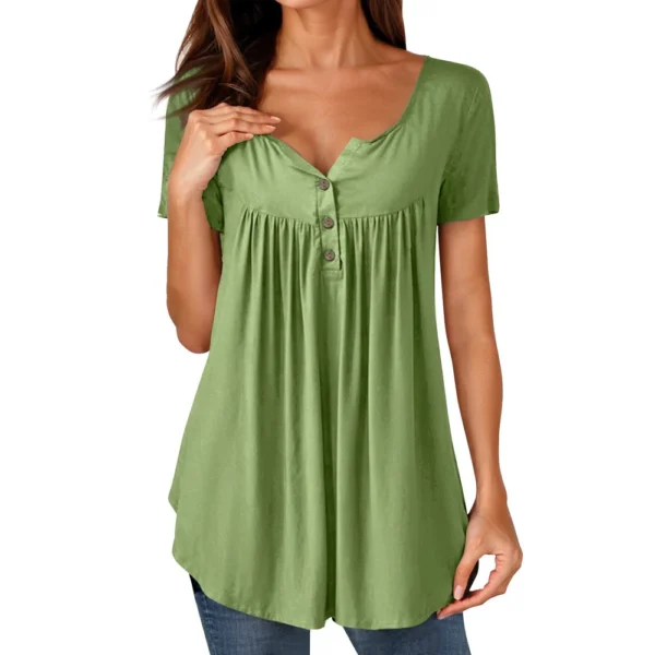Women Tunic Tops Dressy Casual Summer Short Sleeve Shirts Loose Fit Pleated - Image 9