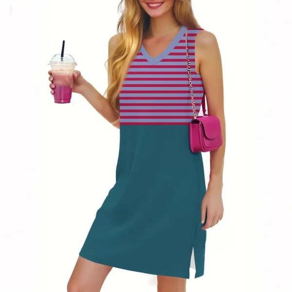 Women's Casual Fashion Sexy V-neck Sleeveless Striped Hem Slit Dress - Image 26