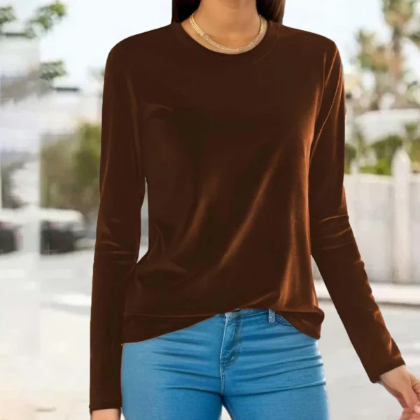 Women's Fashion Golden Velvet Solid Colour Round Neck Long Sleeve T-Shirt Top - Image 9