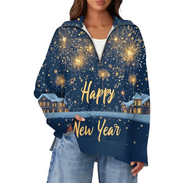 Women's Casual Half Zipper Lapel Christmas Printed Pullover Top Side Slit - Image 20