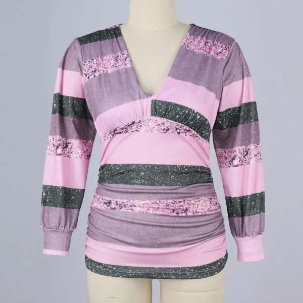 Long Sleeve For Women Fashion V Neck Retro Print Waist Wrapped Top T-shirt - Image 9