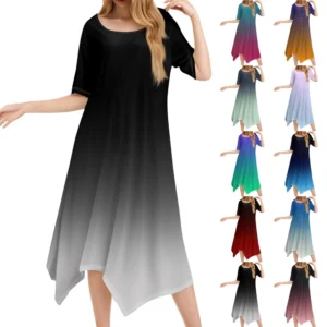 Women's Casual Fashion Round Neck Short Sleeve Print Irregular Hem Midi Dress