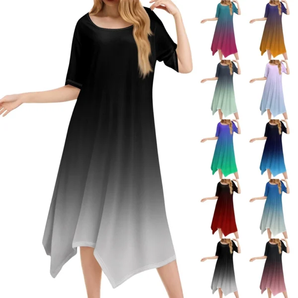 Women's Casual Fashion Round Neck Short Sleeve Print Irregular Hem Midi Dress