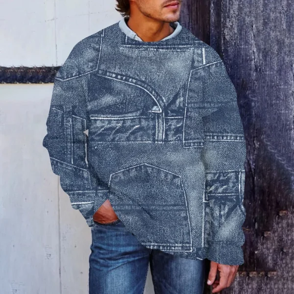 Men'S Printed Synthetic Sweater Round Neck Sportswear Loose Long Sleeved Top - Image 22