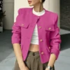 Women's Solid Color Round Neck Fashionable Button Decorated Short Jaket - Image 25