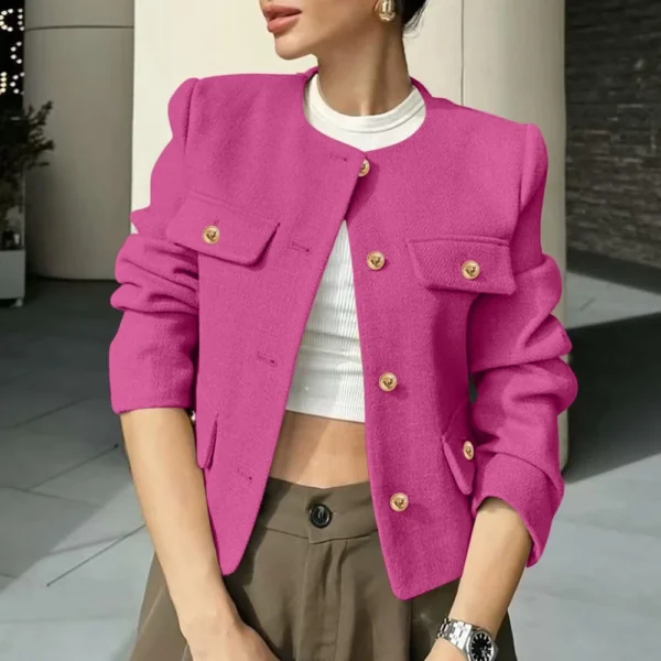 Women's Solid Color Round Neck Fashionable Button Decorated Short Jaket - Image 25