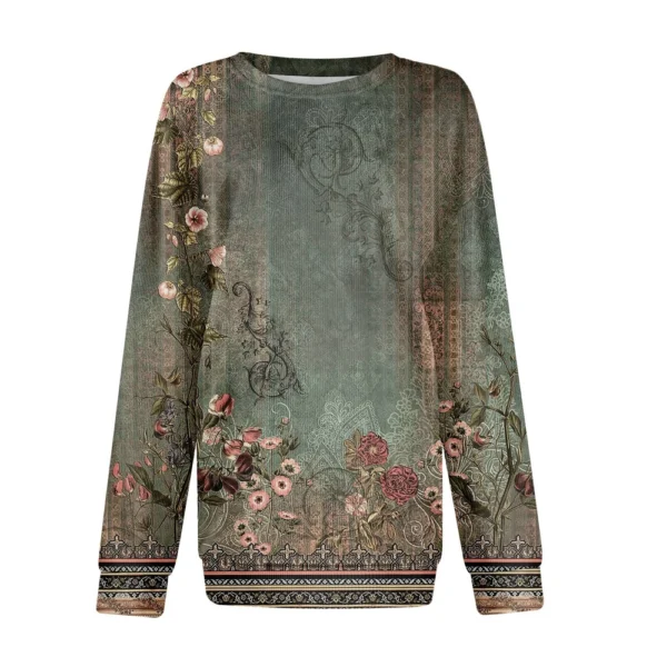 Women's Fashion Casual Round Neck Loose Long Sleeve Retro Printed Sweatshirt - Image 8
