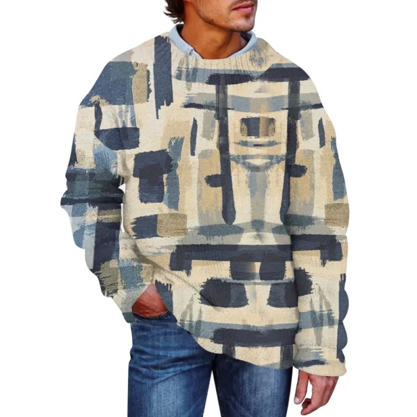 Men'S Printed Synthetic Sweater Round Neck Sportswear Loose Long Sleeved Top - Image 14
