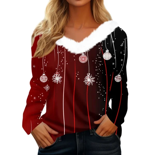 Women's Christmas Party V Neck T Shirt Fleece Collar Shirt Long Sleeve Top - Image 2