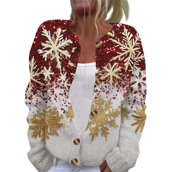 Women's Fashion Christmas Printed Long Sleeve Knitted Cardigan Button Down - Image 23