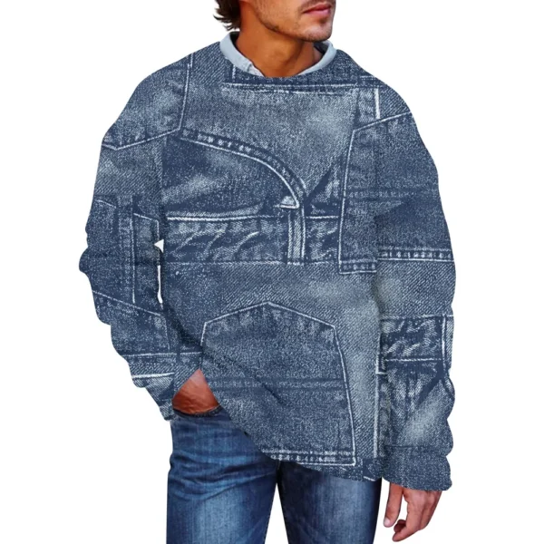 Men'S Printed Synthetic Sweater Round Neck Sportswear Loose Long Sleeved Top - Image 23