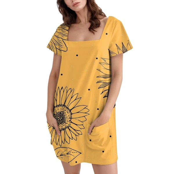 Women's Square Collar Short Sleeve Fashion Skirt Floral Print Pocket Casual - Image 7