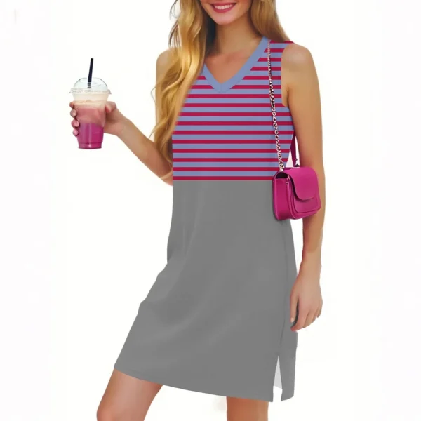Women's Casual Fashion Sexy V-neck Sleeveless Striped Hem Slit Dress - Image 5
