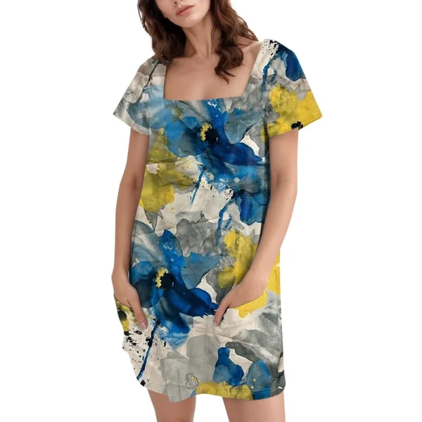 Women's Square Collar Short Sleeve Fashion Skirt Floral Print Pocket Casual - Image 29