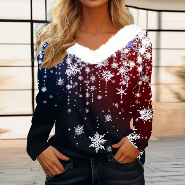 Women's Christmas Party V Neck T Shirt Fleece Collar Shirt Long Sleeve Top - Image 31
