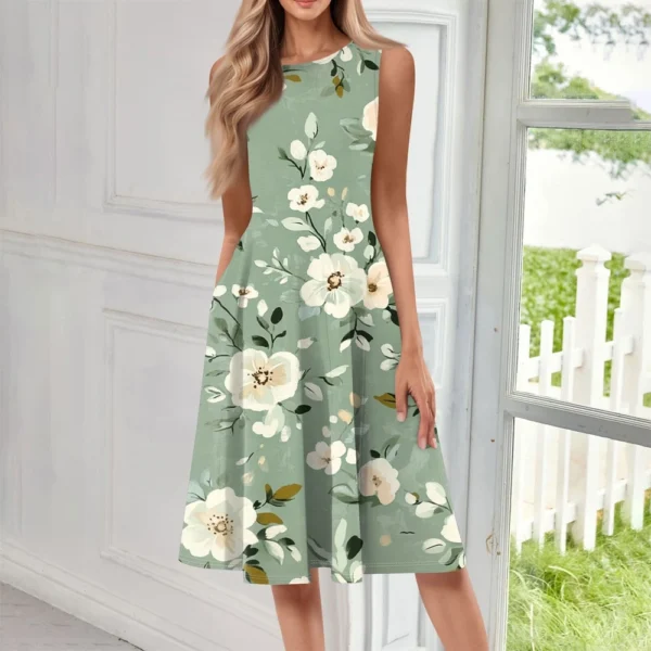 Women's Casual Fashion Floral Print Round Neck Sleeveless Solid Color Midi Dress - Image 19