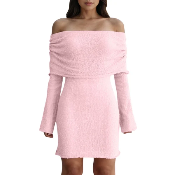 Women's Dresses Sexy Short Knit Hollow One Neck Long Sleeve Dresses - Image 14