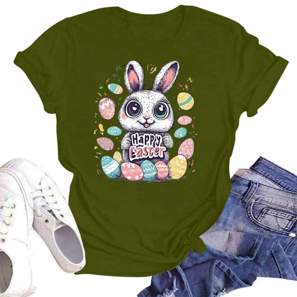 Happy Easter Women's Fashion Printed Round Neck Short Sleeve T-Shirt Pullover - Image 13