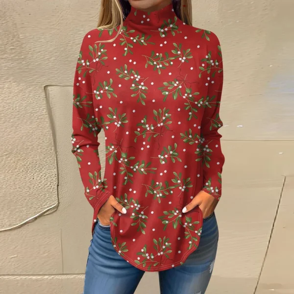 Women's Printed Pullover High Neck Fashion Long Sleeve Casual Christmas T-Shirt - Image 40