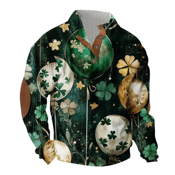 Knit Printed 3 Button - Corduroy Men's Standing Collar Pocket Sweatshirt - Image 9