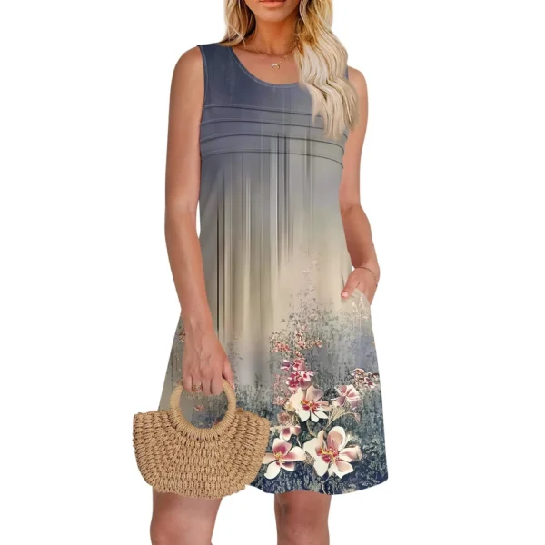 Women Summer Dresses CrewNeck Pleated Front Tank Sleeveless Pockets Sundress - Image 43