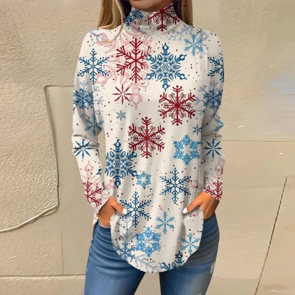 Women's Printed Pullover High Neck Fashion Long Sleeve Casual Christmas T-Shirt - Image 25