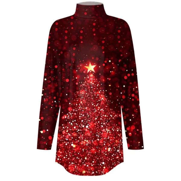 Women's Casual Christmas High Neck Pullover Long Sleeve Fashion Printed T-Shirt - Image 12