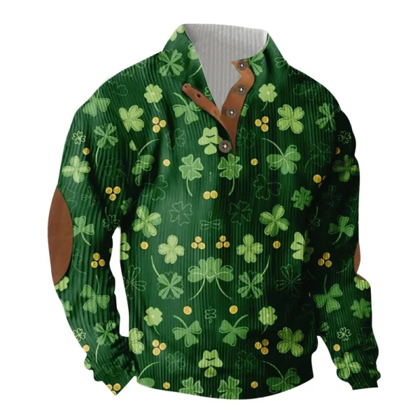 Knit Printed 3 Button - Corduroy Men's Standing Collar Pocket Sweatshirt - Image 14