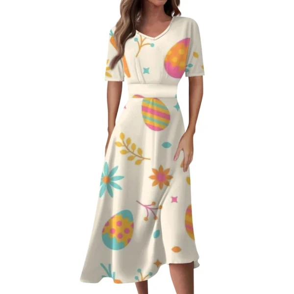 Ladies Casual Fashion Gradient Print V-Neck Short Sleeve Waist Long Swing Dress - Image 4