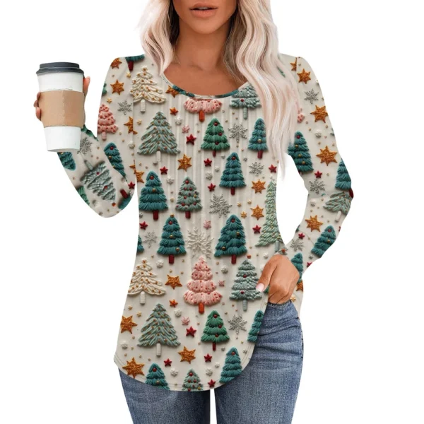 Women's Christmas Pleated Top Round Neck Casual Printed Long Sleeved T-Shirt - Image 16