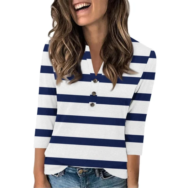 Women's Fashion Casual Loose 3/4 Sleeve Striped Printed Round Neck Top - Image 6