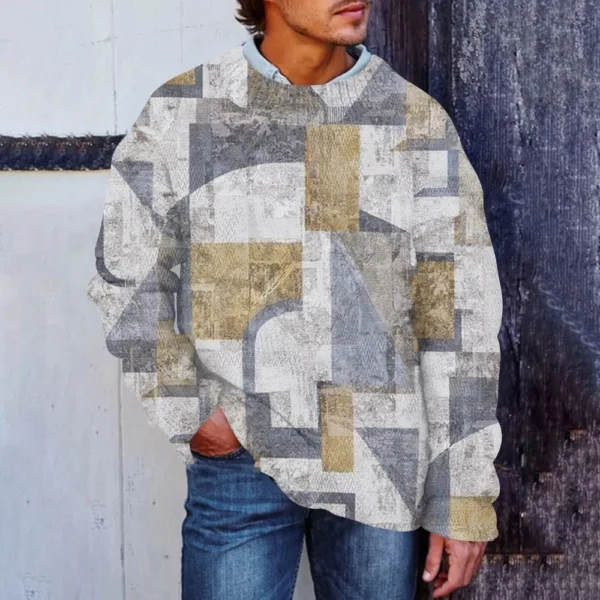 Men'S Printed Synthetic Sweater Round Neck Sportswear Loose Long Sleeved Top - Image 16