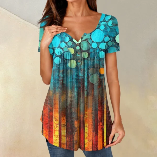Women Tunic Tops Dressy Casual Summer Short Sleeve Shirts Loose Fit Pleated - Image 19